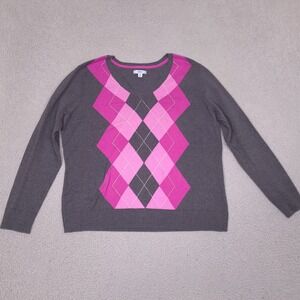 IZOD Sweater Womens XL Gray Pink Argyle V-Neck 100% Cotton Knit Pullover